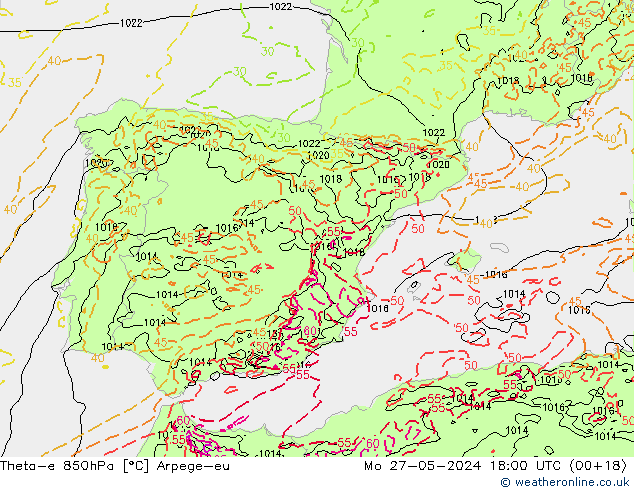 Theta-e 850hPa Arpege-eu pon. 27.05.2024 18 UTC