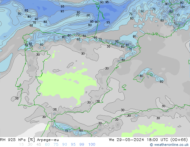 RH 925 гПа Arpege-eu ср 29.05.2024 18 UTC