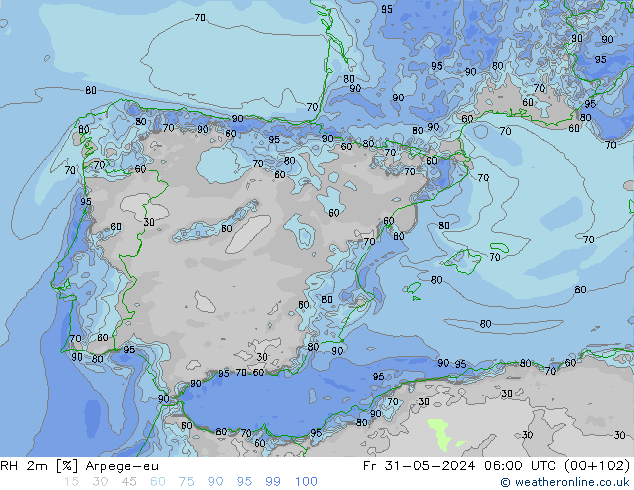 RH 2m Arpege-eu Pá 31.05.2024 06 UTC