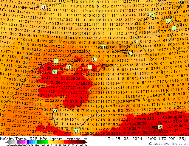 Height/Temp. 925 гПа Arpege-eu вт 28.05.2024 12 UTC