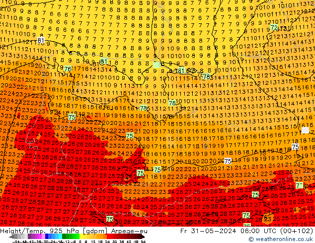 Height/Temp. 925 hPa Arpege-eu ven 31.05.2024 06 UTC