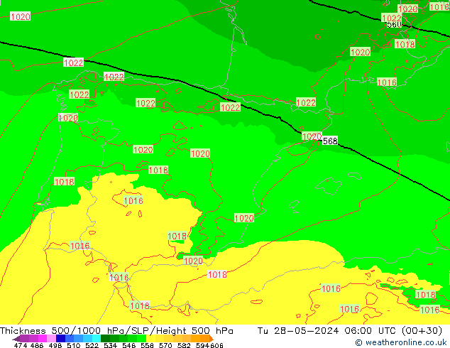 Espesor 500-1000 hPa Arpege-eu mar 28.05.2024 06 UTC