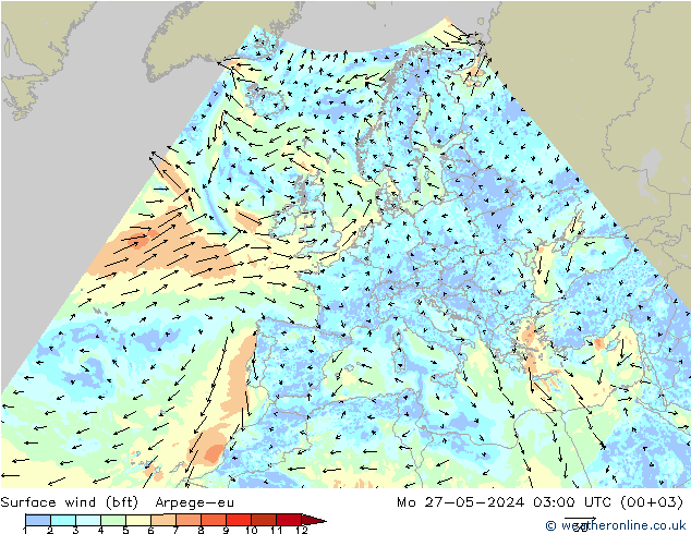 Surface wind (bft) Arpege-eu Mo 27.05.2024 03 UTC