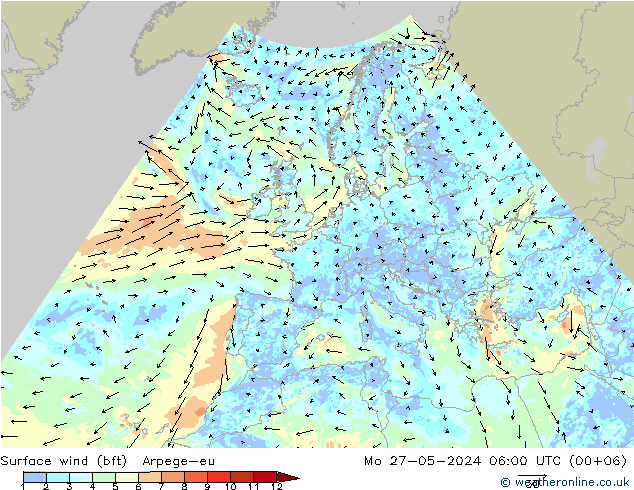 Surface wind (bft) Arpege-eu Po 27.05.2024 06 UTC