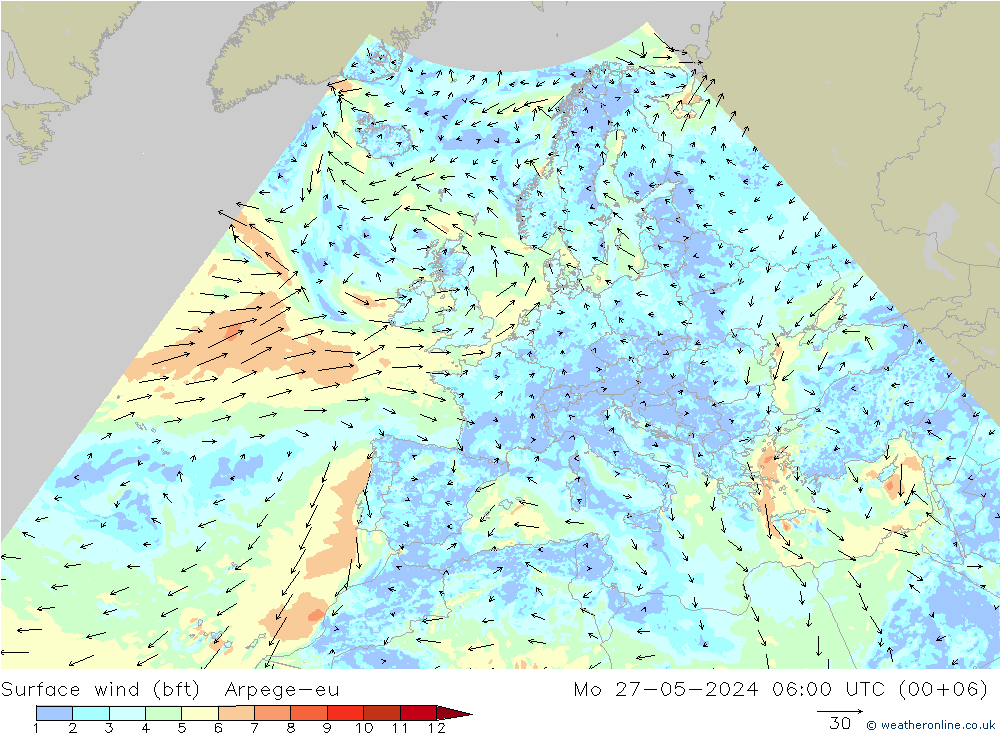 Surface wind (bft) Arpege-eu Mo 27.05.2024 06 UTC