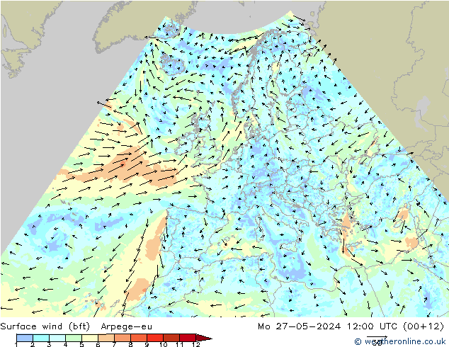 Surface wind (bft) Arpege-eu Mo 27.05.2024 12 UTC