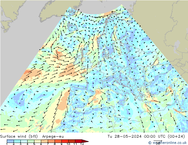 Surface wind (bft) Arpege-eu Út 28.05.2024 00 UTC