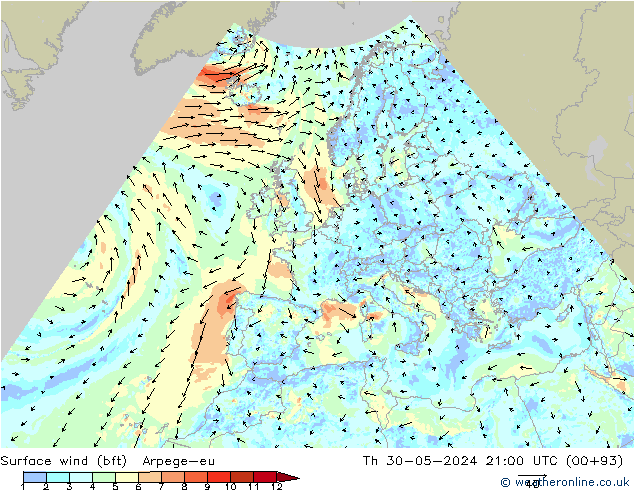 Wind 10 m (bft) Arpege-eu do 30.05.2024 21 UTC