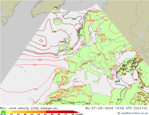 Max. wind velocity Arpege-eu lun 27.05.2024 12 UTC