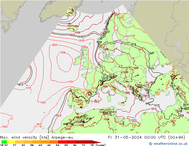 Max. wind velocity Arpege-eu Sex 31.05.2024 00 UTC