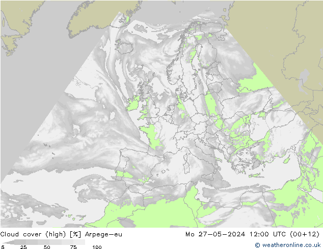 Cloud cover (high) Arpege-eu Mo 27.05.2024 12 UTC