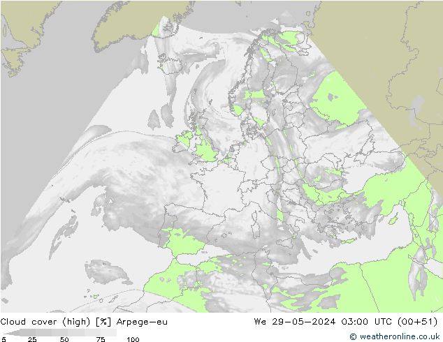 Cloud cover (high) Arpege-eu We 29.05.2024 03 UTC