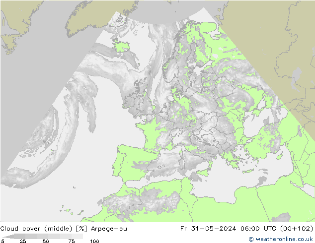 Cloud cover (middle) Arpege-eu Fr 31.05.2024 06 UTC