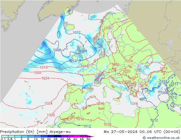 Precipitation (6h) Arpege-eu Mo 27.05.2024 06 UTC