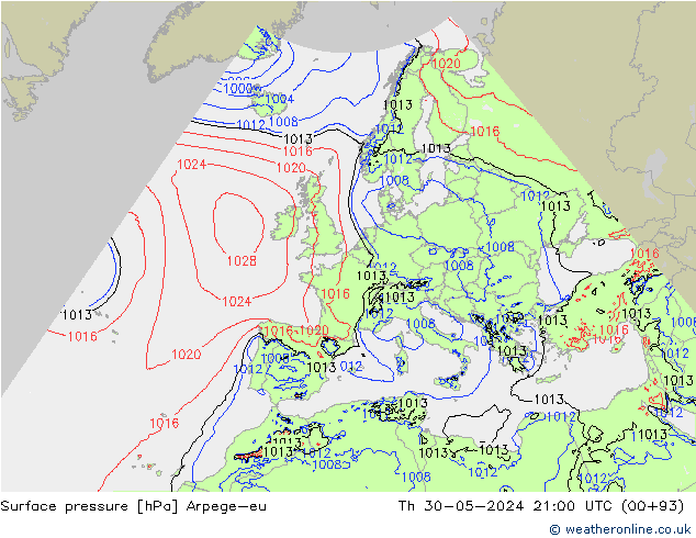 Pressione al suolo Arpege-eu gio 30.05.2024 21 UTC
