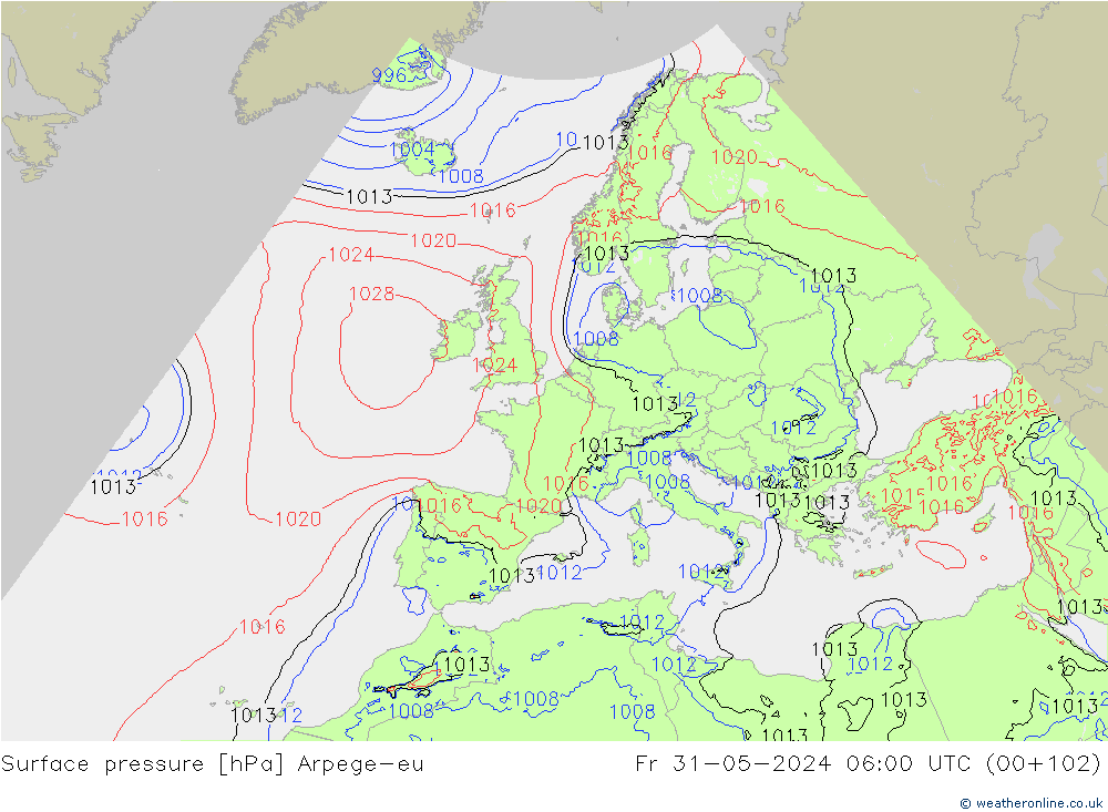 Atmosférický tlak Arpege-eu Pá 31.05.2024 06 UTC