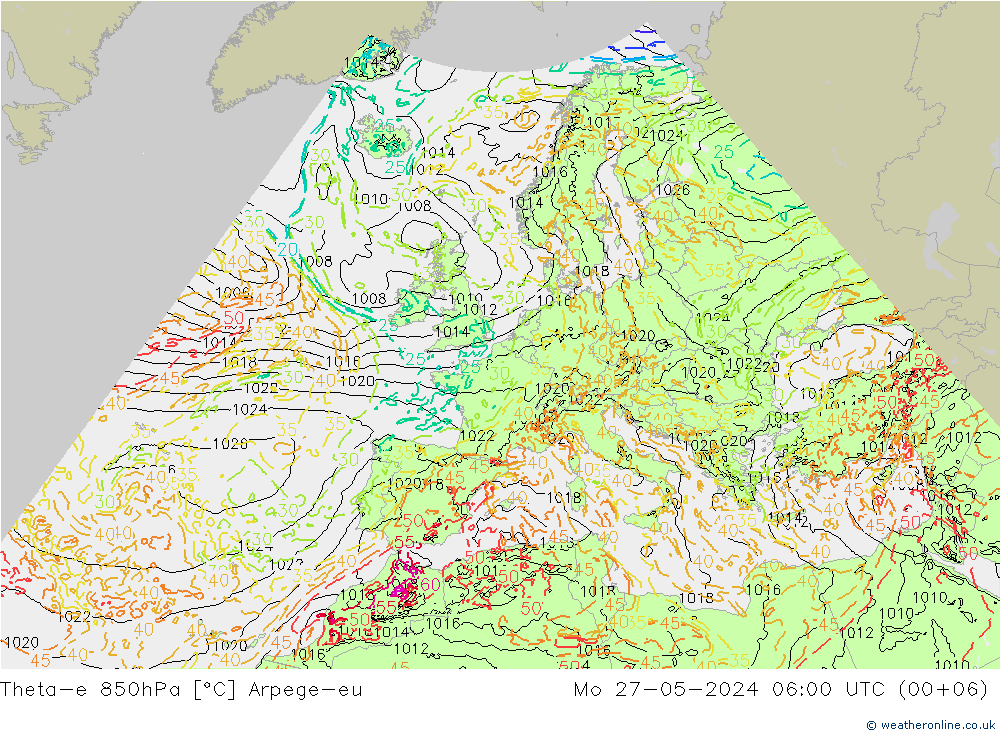 Theta-e 850гПа Arpege-eu пн 27.05.2024 06 UTC