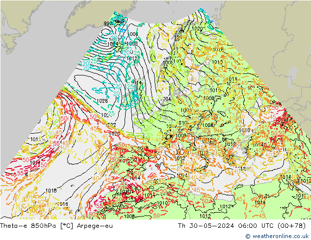 Theta-e 850hPa Arpege-eu do 30.05.2024 06 UTC