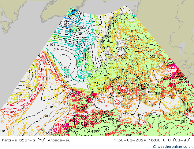 Theta-e 850hPa Arpege-eu jeu 30.05.2024 18 UTC