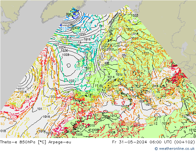 Theta-e 850hPa Arpege-eu vr 31.05.2024 06 UTC