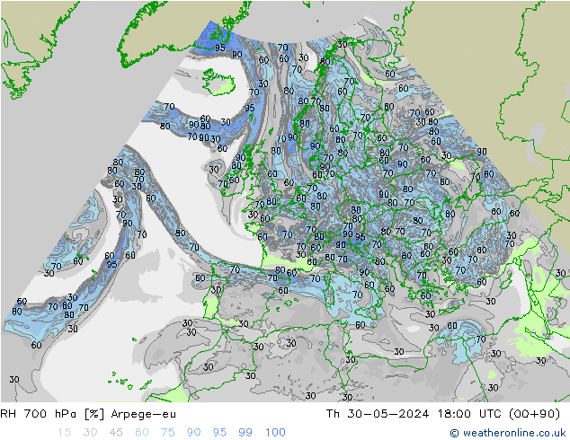 RH 700 hPa Arpege-eu Do 30.05.2024 18 UTC