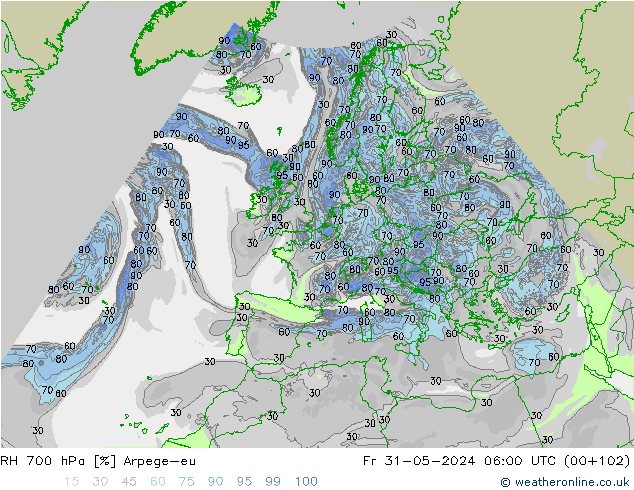 RH 700 hPa Arpege-eu Fr 31.05.2024 06 UTC