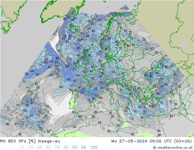 RH 850 hPa Arpege-eu Mo 27.05.2024 06 UTC