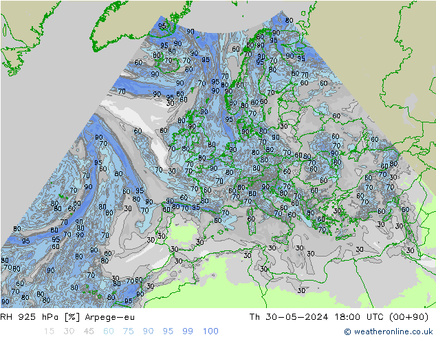 RH 925 hPa Arpege-eu Qui 30.05.2024 18 UTC