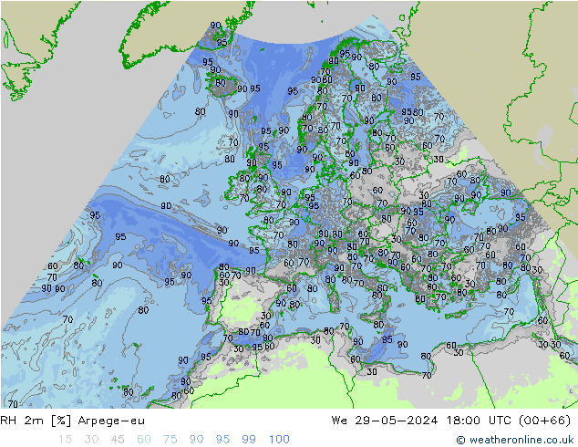 RH 2m Arpege-eu mer 29.05.2024 18 UTC