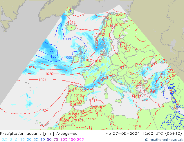 Precipitation accum. Arpege-eu Mo 27.05.2024 12 UTC