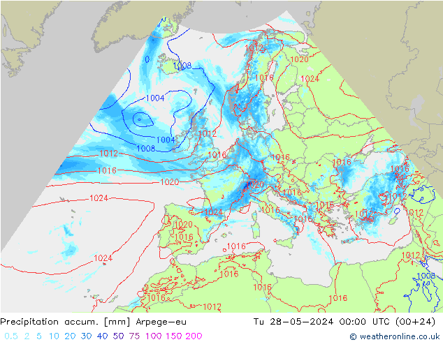 Totale neerslag Arpege-eu di 28.05.2024 00 UTC