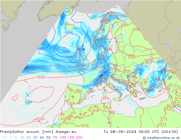 Precipitation accum. Arpege-eu Tu 28.05.2024 06 UTC