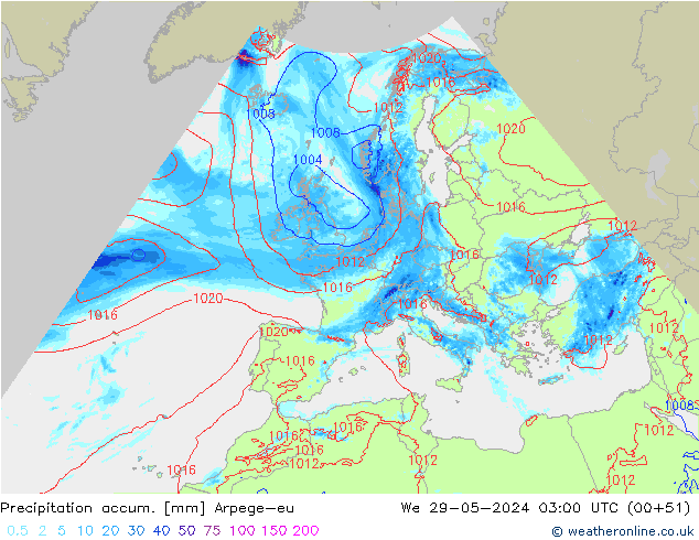 Precipitation accum. Arpege-eu mer 29.05.2024 03 UTC