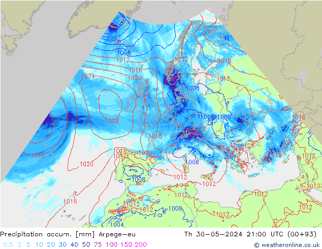 Precipitation accum. Arpege-eu czw. 30.05.2024 21 UTC