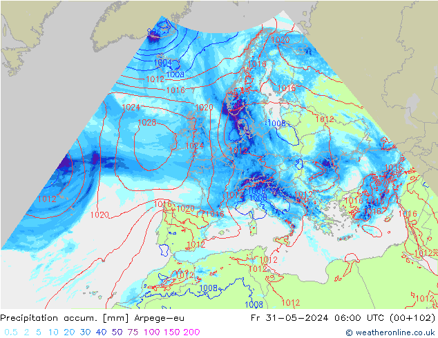 Totale neerslag Arpege-eu vr 31.05.2024 06 UTC