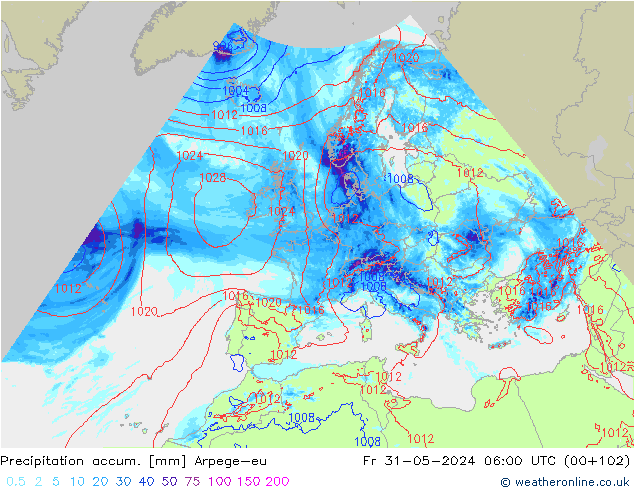 Précipitation accum. Arpege-eu ven 31.05.2024 06 UTC