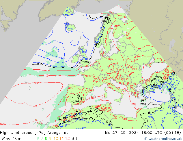 High wind areas Arpege-eu Po 27.05.2024 18 UTC