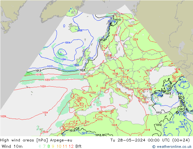 High wind areas Arpege-eu Tu 28.05.2024 00 UTC