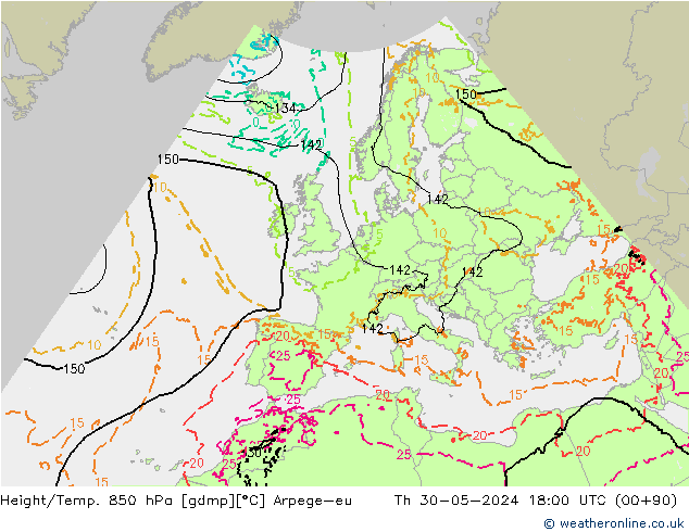 Height/Temp. 850 hPa Arpege-eu Th 30.05.2024 18 UTC