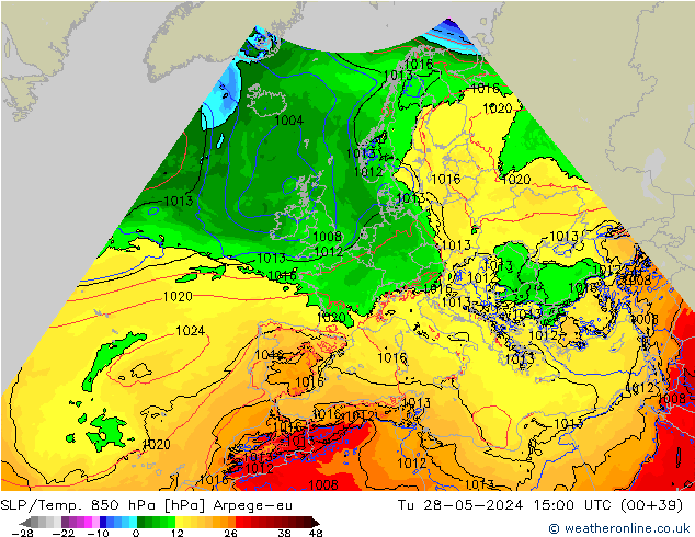 SLP/Temp. 850 hPa Arpege-eu Út 28.05.2024 15 UTC