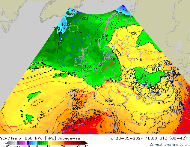 SLP/Temp. 850 hPa Arpege-eu Di 28.05.2024 18 UTC