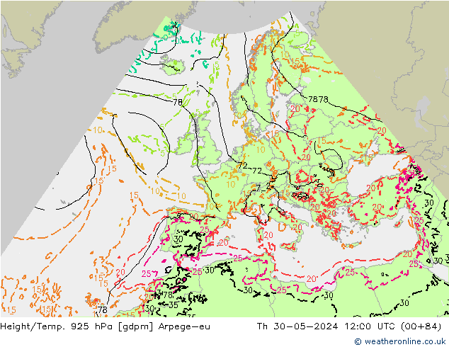 Hoogte/Temp. 925 hPa Arpege-eu do 30.05.2024 12 UTC