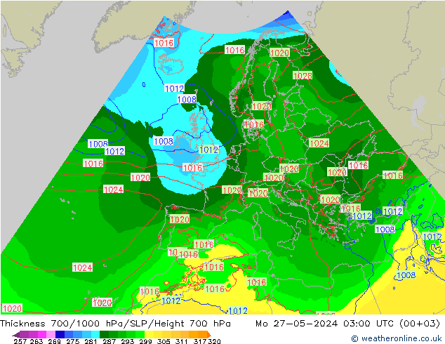 Espesor 700-1000 hPa Arpege-eu lun 27.05.2024 03 UTC