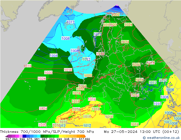 Thck 700-1000 hPa Arpege-eu Mo 27.05.2024 12 UTC