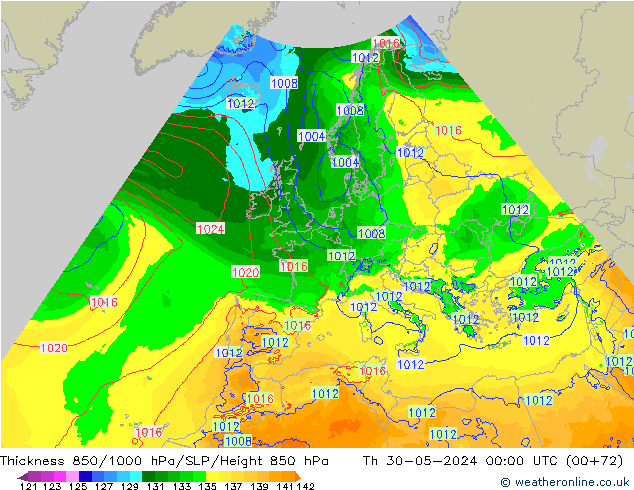 Thck 850-1000 hPa Arpege-eu Th 30.05.2024 00 UTC