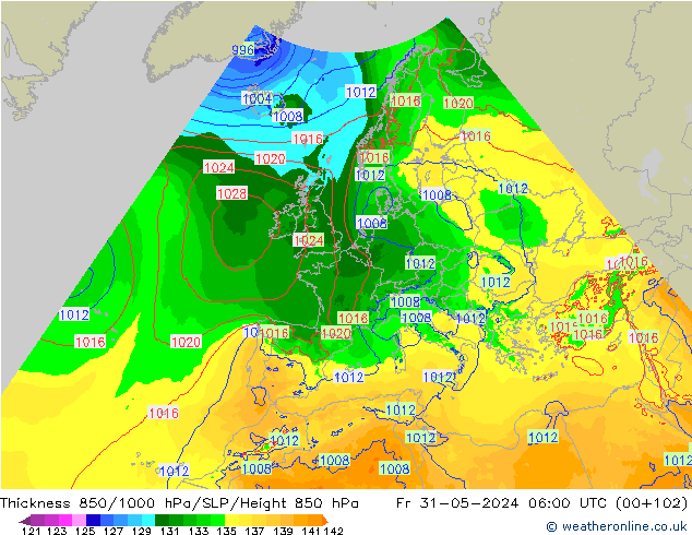 Espesor 850-1000 hPa Arpege-eu vie 31.05.2024 06 UTC