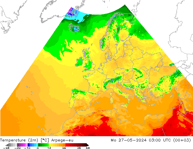 Temperaturkarte (2m) Arpege-eu Mo 27.05.2024 03 UTC