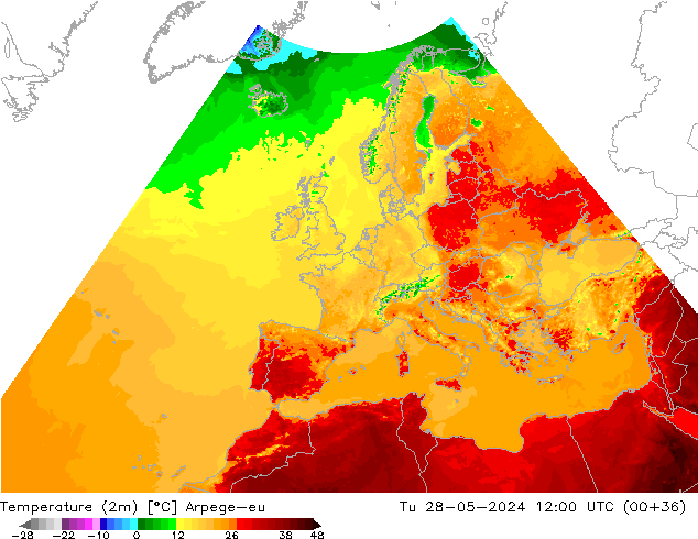 Temperatuurkaart (2m) Arpege-eu di 28.05.2024 12 UTC