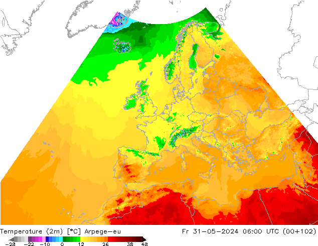 Temperatuurkaart (2m) Arpege-eu vr 31.05.2024 06 UTC