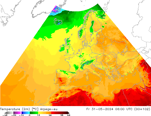 Temperature (2m) Arpege-eu Pá 31.05.2024 06 UTC